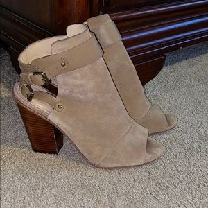 Tan suede open toe booties